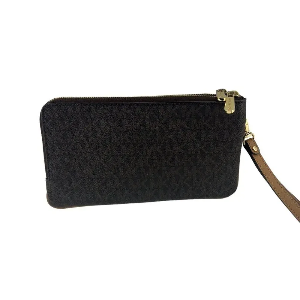 Michael Kors Double Zip Wristlet Leather Brown Tan
